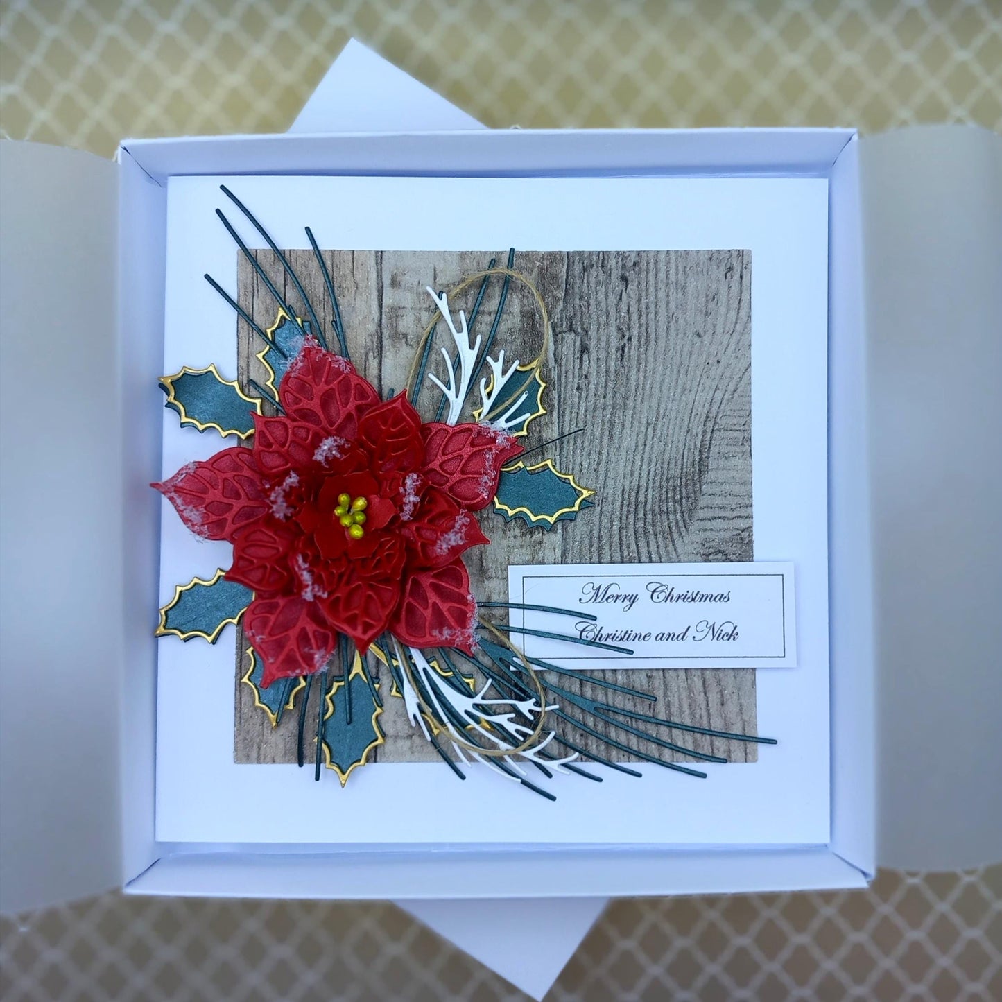 Handmade Luxury Christmas Card * Personalised * 3D * Boxed * Rustic Style with red poinsettia