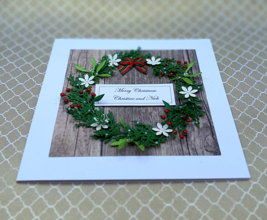 Handmade Luxury Christmas Card * Personalised * 3D * Boxed * Rustic Style with wreath.