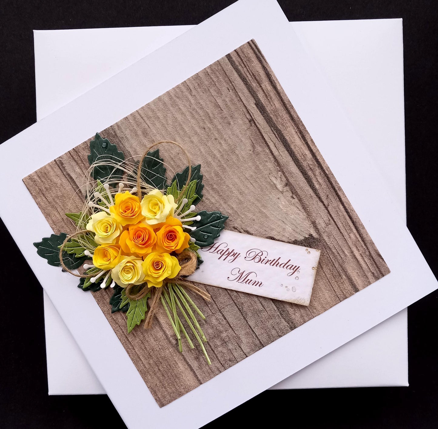 Handmade Luxury Birthday Card * Personalised * Boxed * 3D * Unique Rustic Style with Yellow Flowers Posy