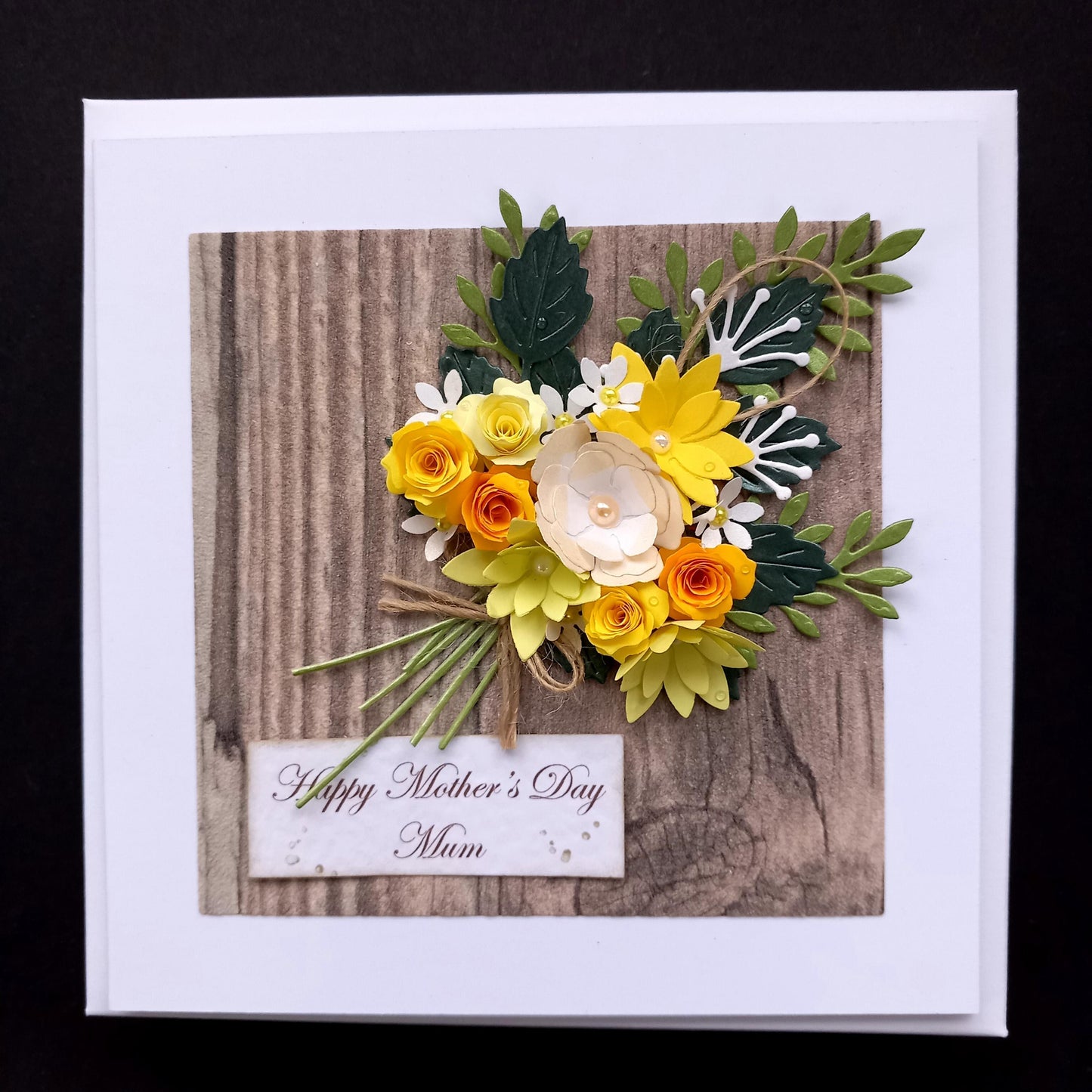 Handmade Luxury Birthday Card * Personalised * Boxed * 3D * Unique Rustic Style with Yellow Bouquet