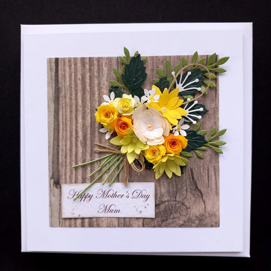 Handmade Luxury Birthday Card * Personalised * Boxed * 3D * Unique Rustic Style with Yellow Bouquet