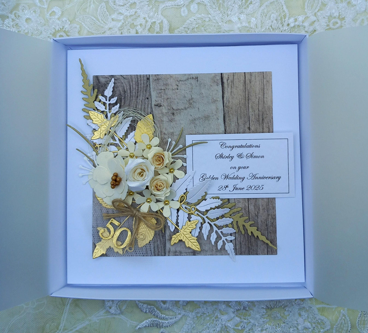 Unique, Handmade, Golden Wedding Anniversary Card * 50th * Personalised * 3D * Boxed * Rustic Style * Luxury