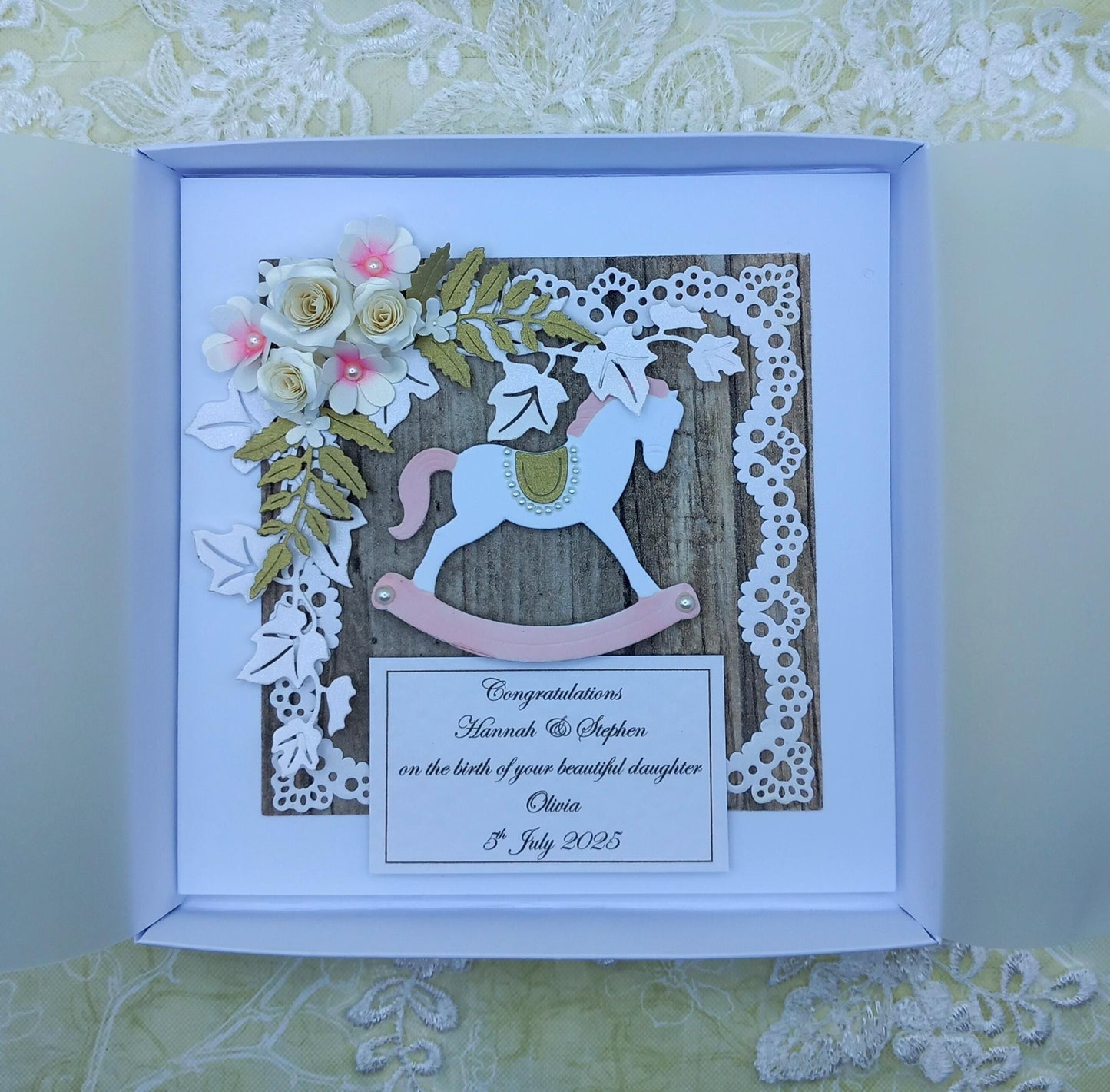 Handmade New / Birth of Baby Girl Card * Rustic Style * 3D * Personalised * Boxed * Luxury