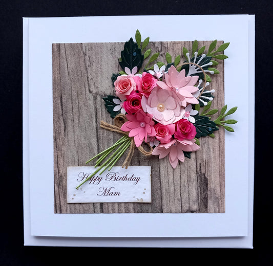 Handmade Luxury Birthday Card * Personalised * Boxed * 3D * Unique Rustic Design with Pink Flowers Bouquet