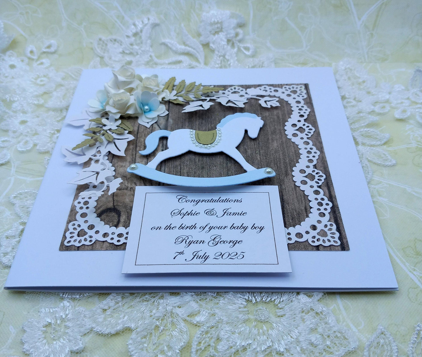 Unique, Handmade New / Birth of Baby Boy Card * 3D * Personalised * Boxed * Rustic Style * Luxury