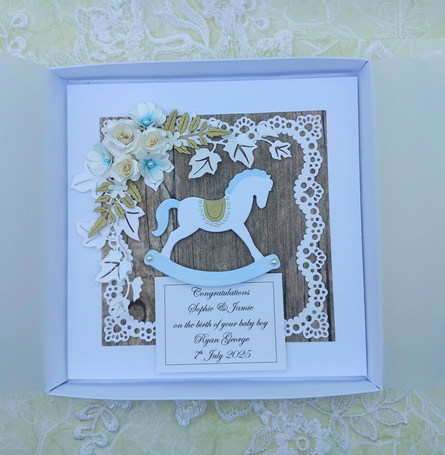 Unique, Handmade New / Birth of Baby Boy Card * 3D * Personalised * Boxed * Rustic Style * Luxury