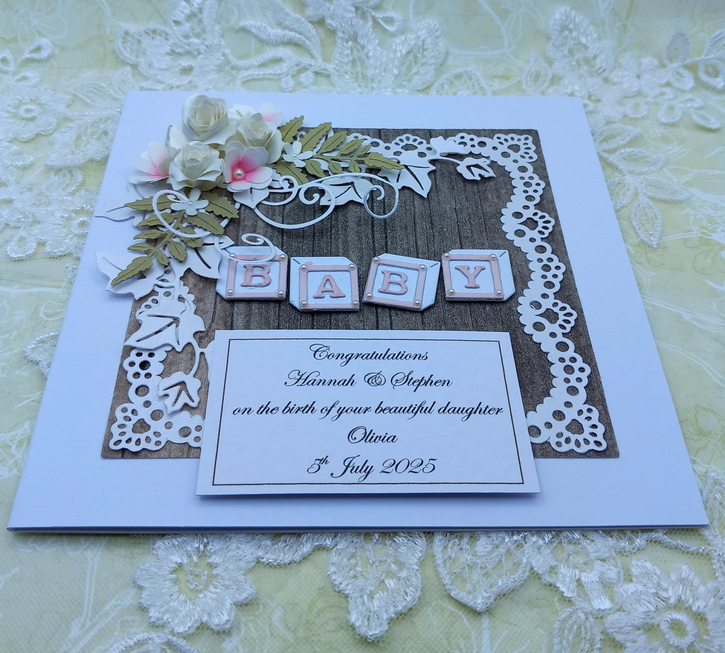 Unique, Handmade New / Birth of Baby Girl Card * Rustic Style * 3D * Personalised * Boxed * Luxury