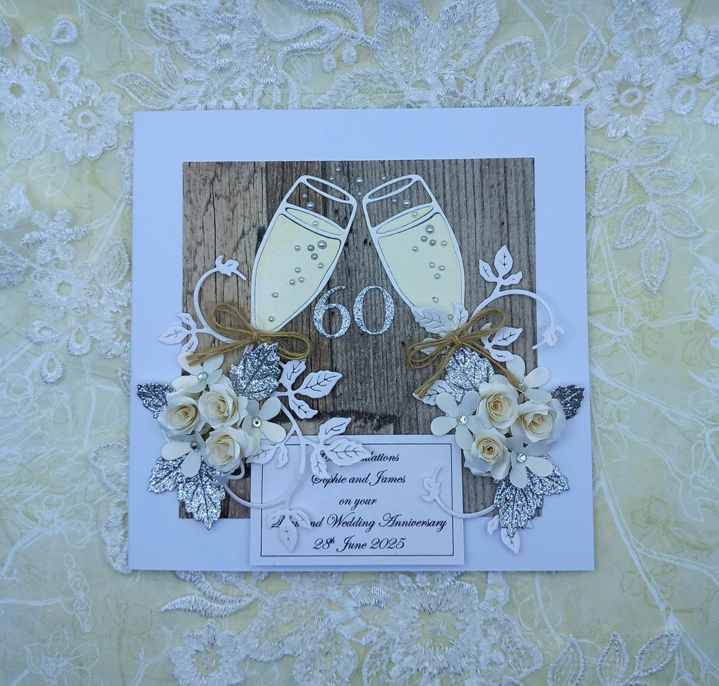 Unique, Handmade,  Diamond Wedding Anniversary * 60th * Card * 3D * Boxed * Personalised * Rustic style * Luxury