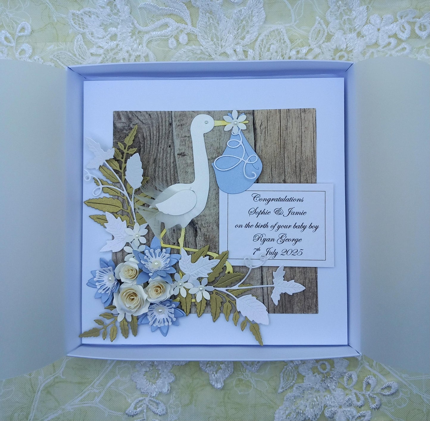 Unique, Handmade New / Birth of Baby Boy Card * 3D * Personalised * Boxed * Rustic Style * Luxury