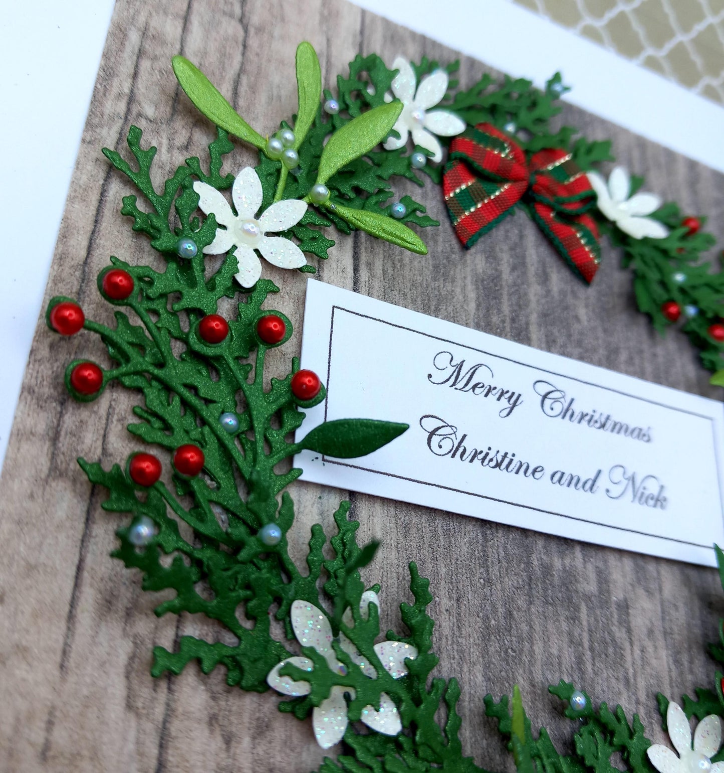 Handmade Luxury Christmas Card * Personalised * 3D * Boxed * Rustic Style with wreath.