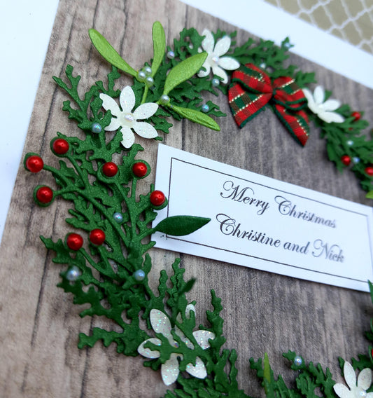 Handmade Luxury Christmas Card * Personalised * 3D * Boxed * Rustic Style with wreath.