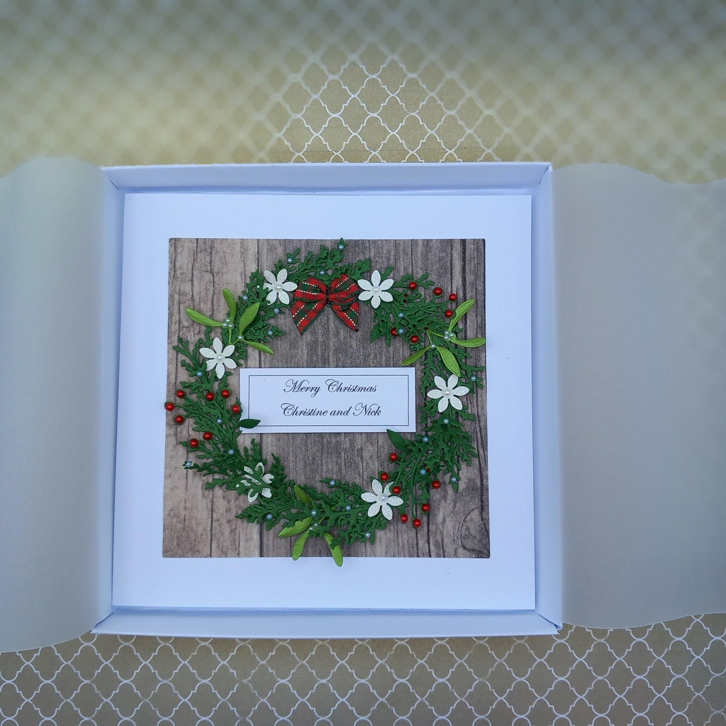 Handmade Luxury Christmas Card * Personalised * 3D * Boxed * Rustic Style with wreath.