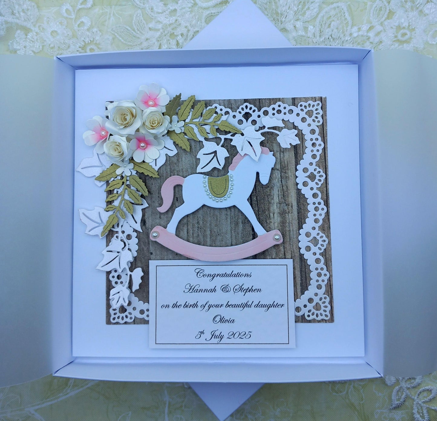 Handmade New / Birth of Baby Girl Card * Rustic Style * 3D * Personalised * Boxed * Luxury