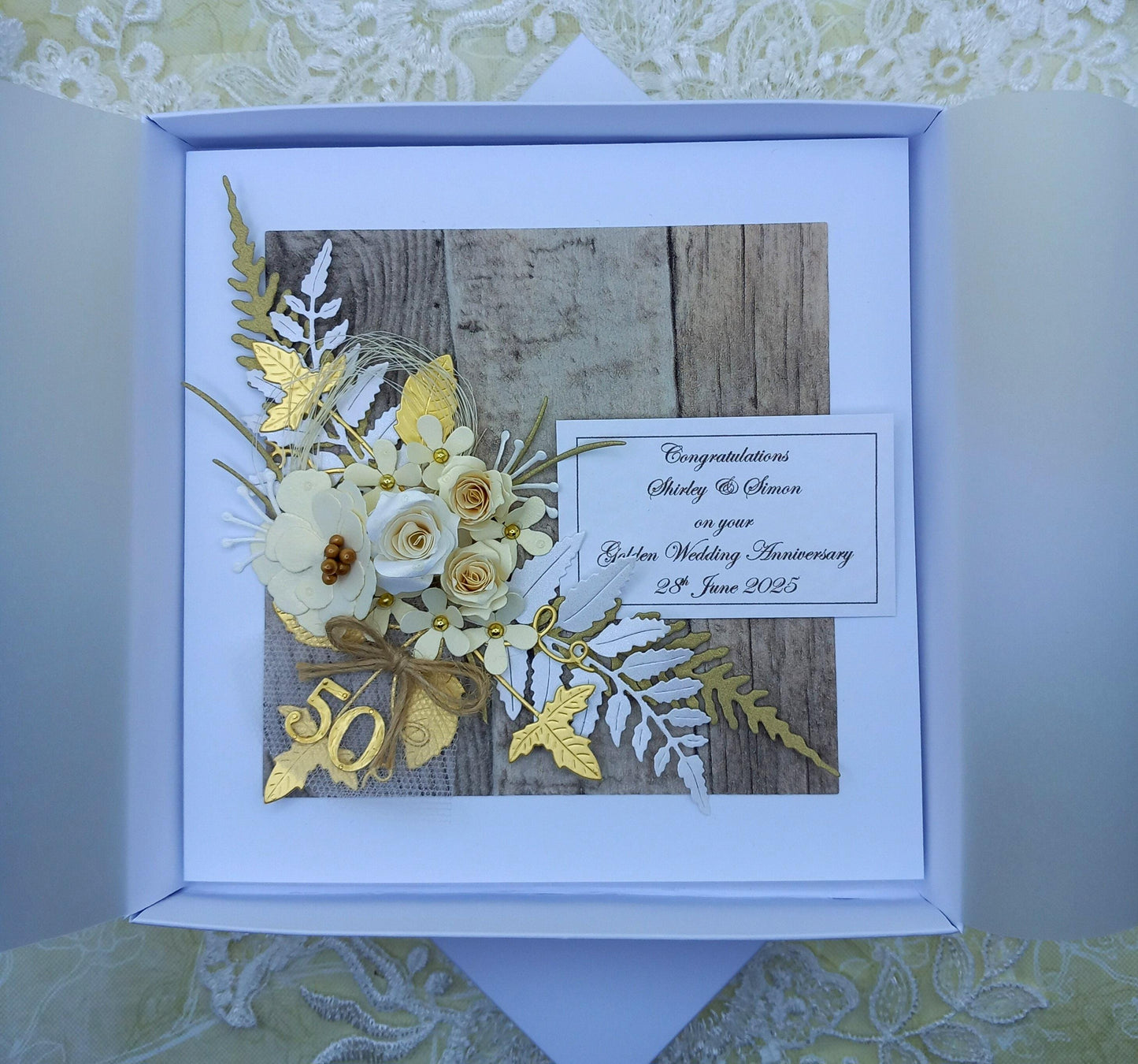 Unique, Handmade, Golden Wedding Anniversary Card * 50th * Personalised * 3D * Boxed * Rustic Style * Luxury
