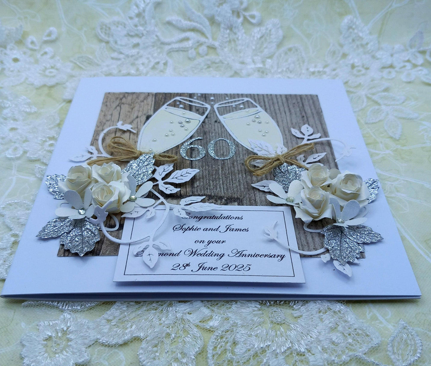 Unique, Handmade,  Diamond Wedding Anniversary * 60th * Card * 3D * Boxed * Personalised * Rustic style * Luxury