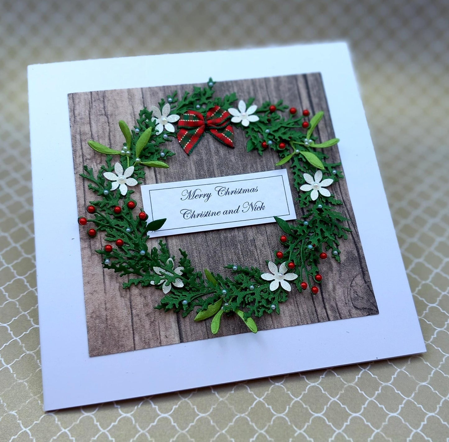 Handmade Luxury Christmas Card * Personalised * 3D * Boxed * Rustic Style with wreath.