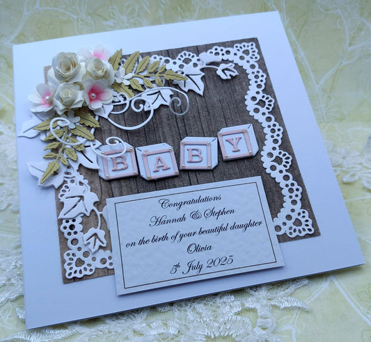 Unique, Handmade New / Birth of Baby Girl Card * Rustic Style * 3D * Personalised * Boxed * Luxury