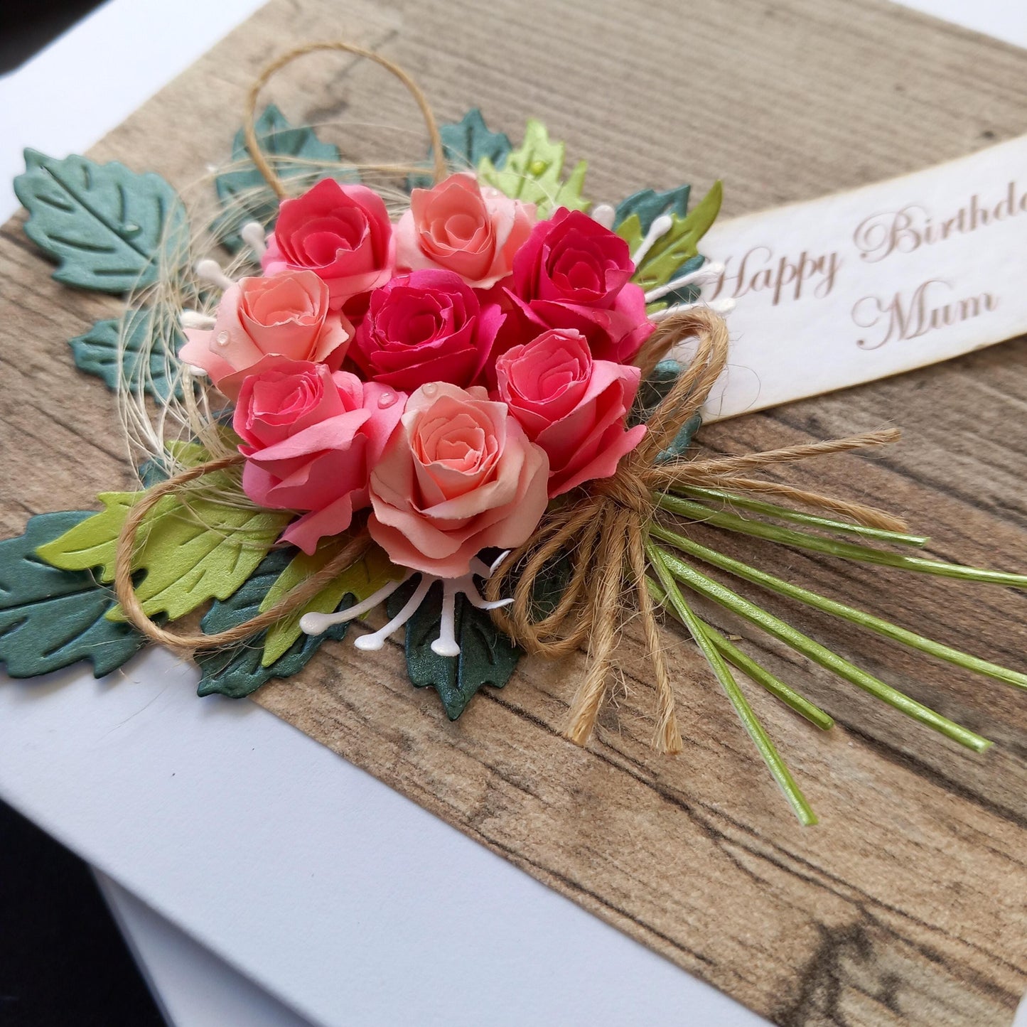 Unique, Handmade, Birthday  or any occasion Card * Personalised * 3D * Rustic Style * Boxed * Luxury  * Pink Roses Bouquet