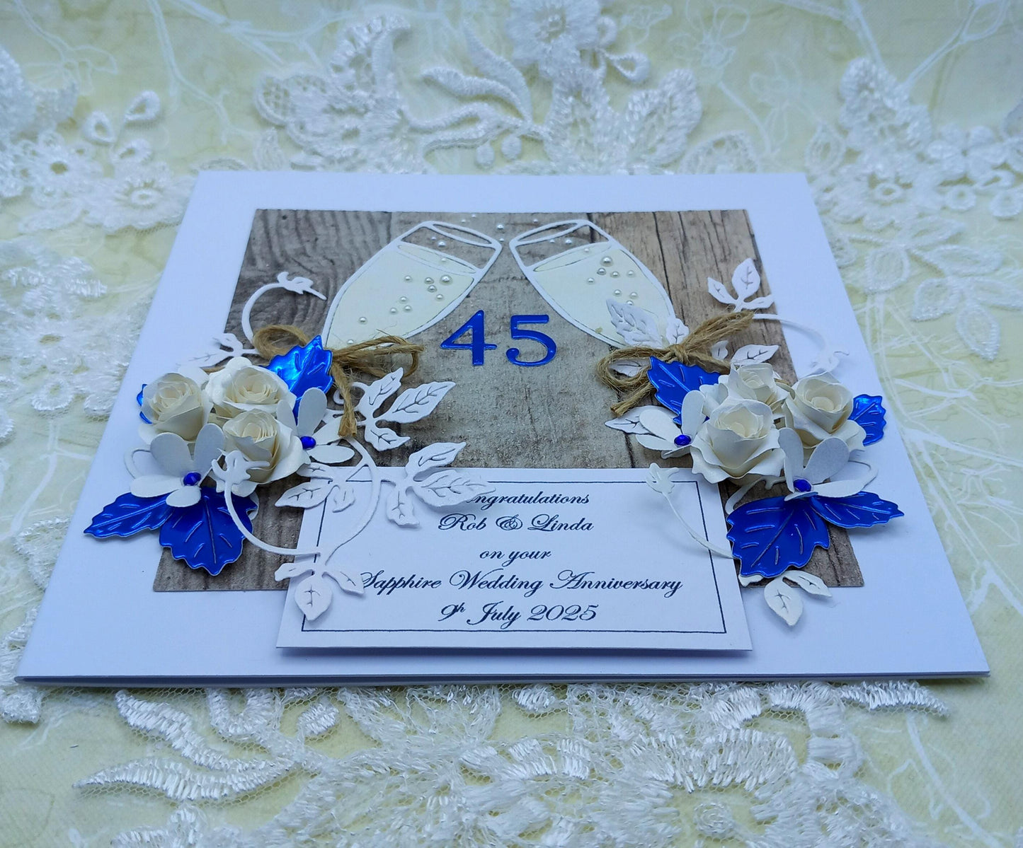 Unique, Handmade 45th  Sapphire Wedding Anniversary Card * 3D *  Boxed * Personalised * Rustic style * Luxury