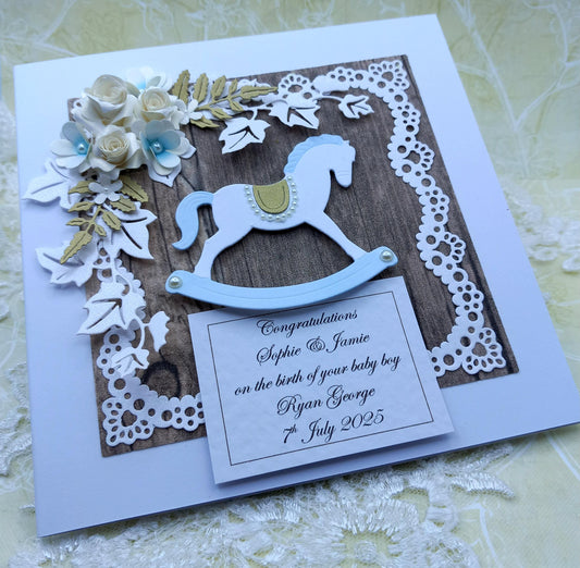 Unique, Handmade New / Birth of Baby Boy Card * 3D * Personalised * Boxed * Rustic Style * Luxury