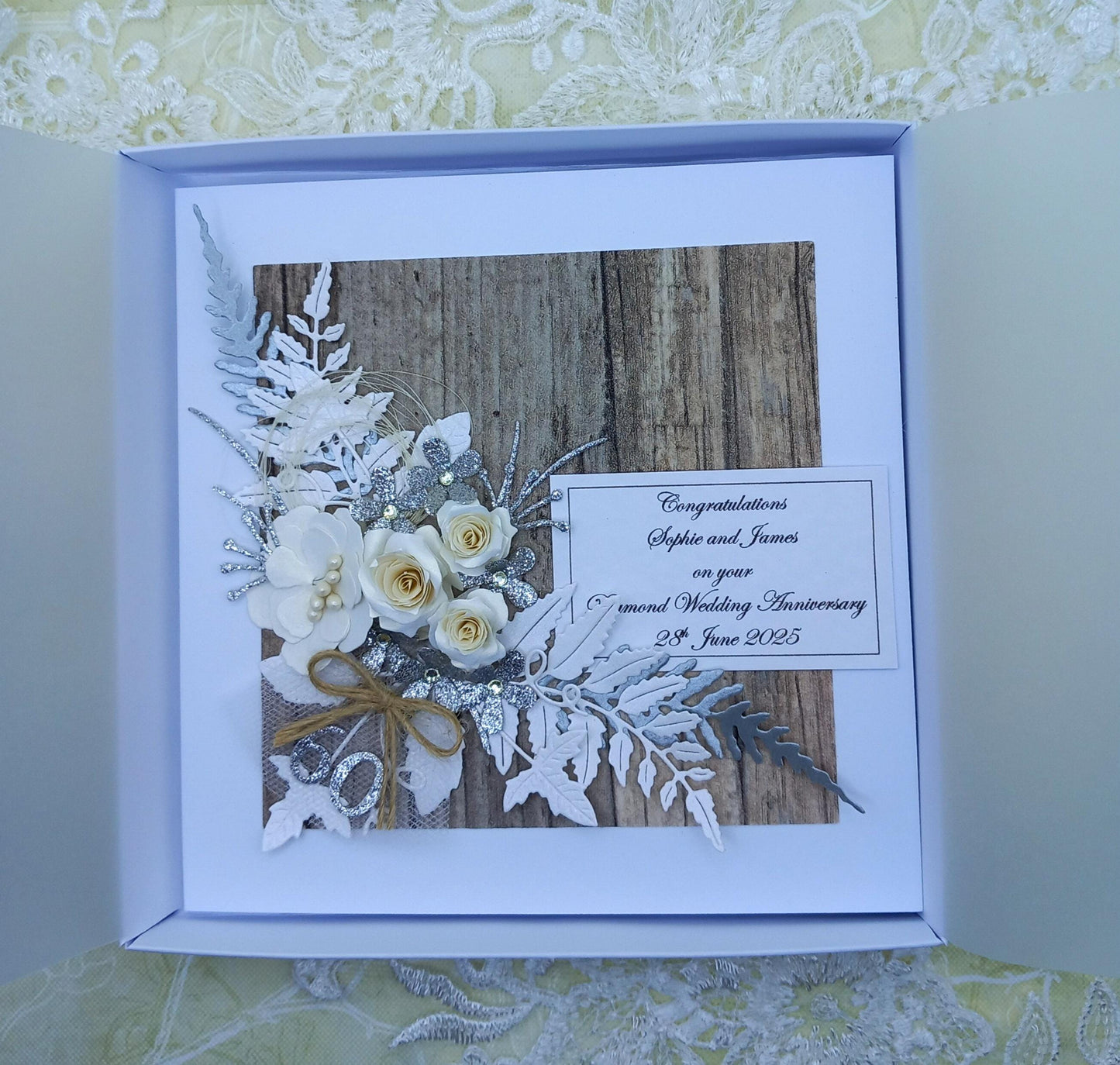 Unique, handmade  Diamond Wedding Anniversary, 60th, card * 3D * Boxed * Personalised * Rustic style * Luxury