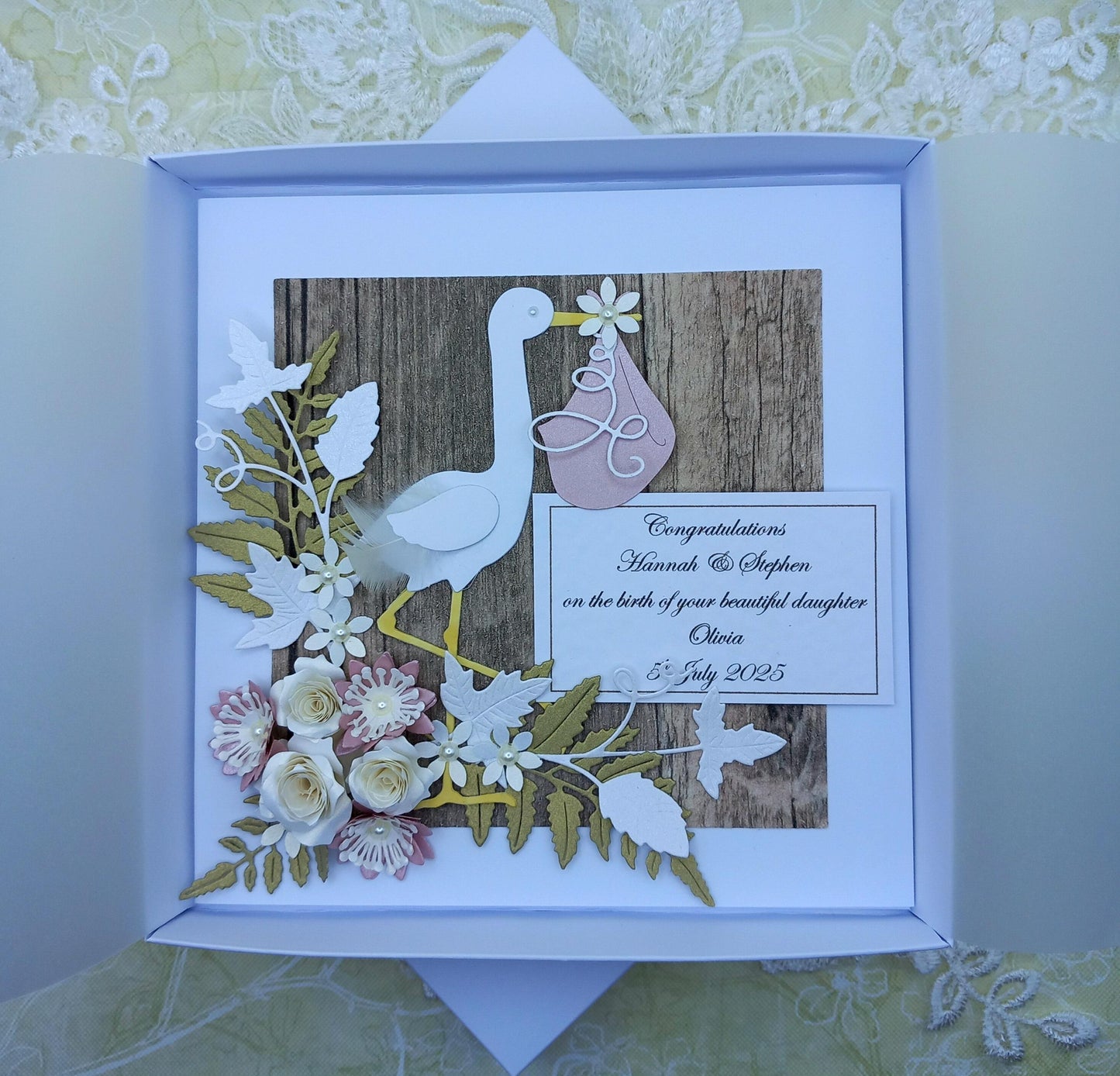 Unique, Handmade New / Birth of Baby Girl Card * Rustic Style * 3D * Personalised * Boxed * Luxury