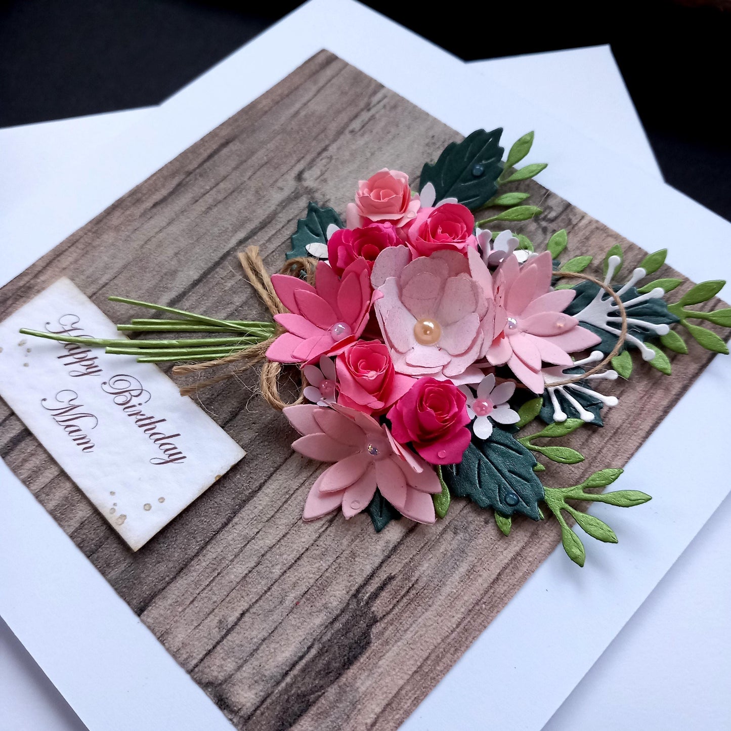 Handmade Luxury Birthday Card * Personalised * Boxed * 3D * Unique Rustic Design with Pink Flowers Bouquet