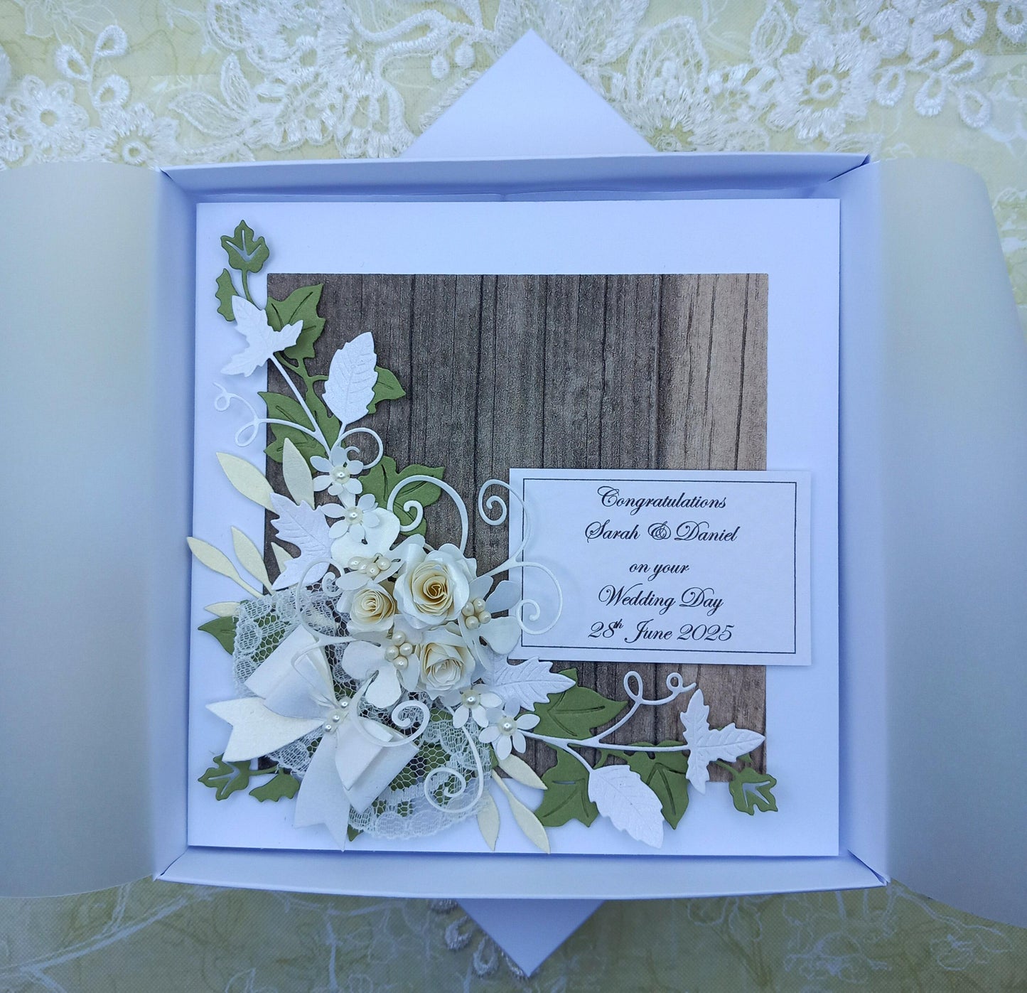 Unique, Handmade Wedding Day / Anniversary / Engagement  card * 3D *  Personalised * Boxed * Rustic Style / Luxury
