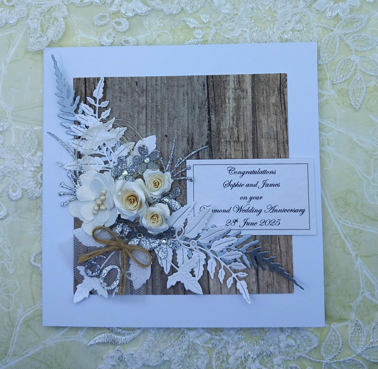 Unique, handmade  Diamond Wedding Anniversary, 60th, card * 3D * Boxed * Personalised * Rustic style * Luxury
