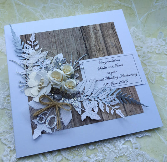 Unique, handmade  Diamond Wedding Anniversary, 60th, card * 3D * Boxed * Personalised * Rustic style * Luxury