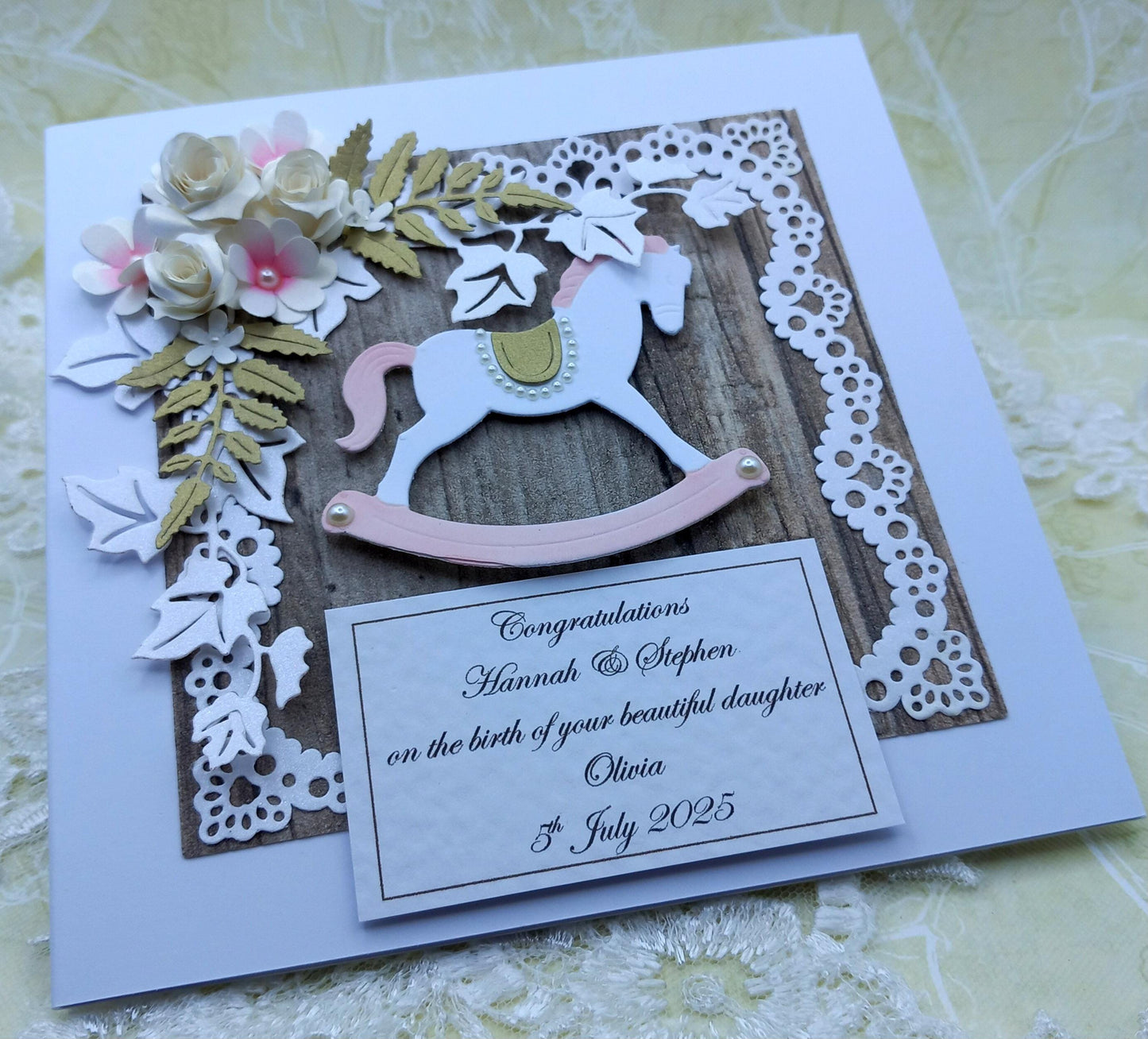 Handmade New / Birth of Baby Girl Card * Rustic Style * 3D * Personalised * Boxed * Luxury