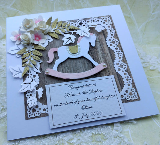 Handmade New / Birth of Baby Girl Card * Rustic Style * 3D * Personalised * Boxed * Luxury