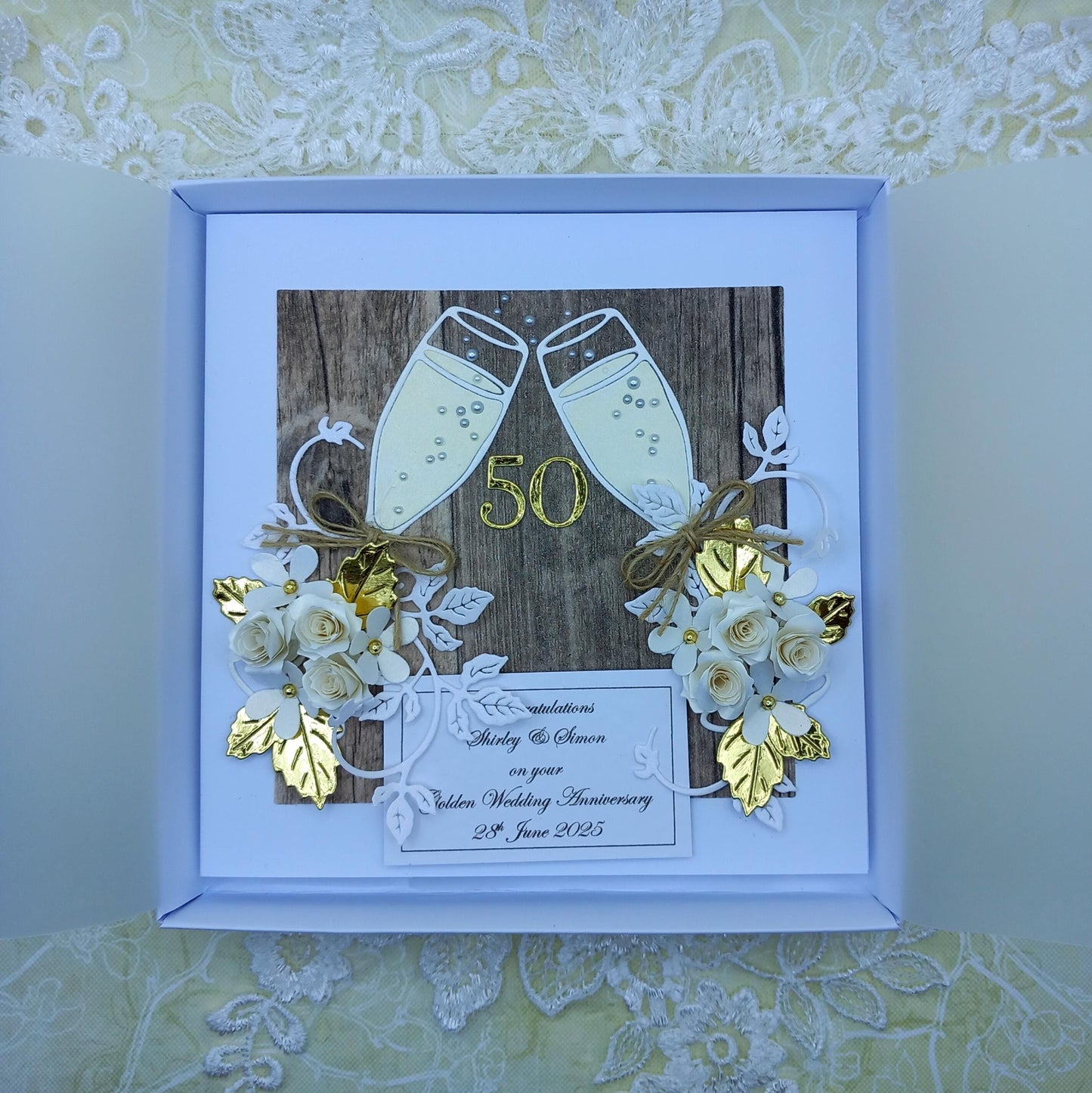 Unique, Handmade, Golden Wedding Anniversary Card * 50th * Personalised * 3D * Boxed * Rustic Style * Luxury