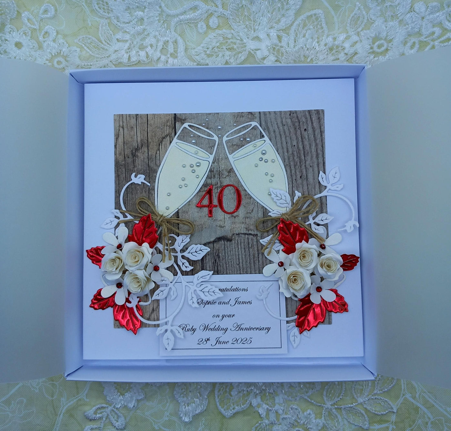 Unique, Handmade 40th  Ruby Wedding Anniversary Card * 3D * Boxed * Personalised *  Rustic Style * Luxury