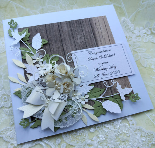 Unique, Handmade Wedding Day / Anniversary / Engagement  card * 3D *  Personalised * Boxed * Rustic Style / Luxury