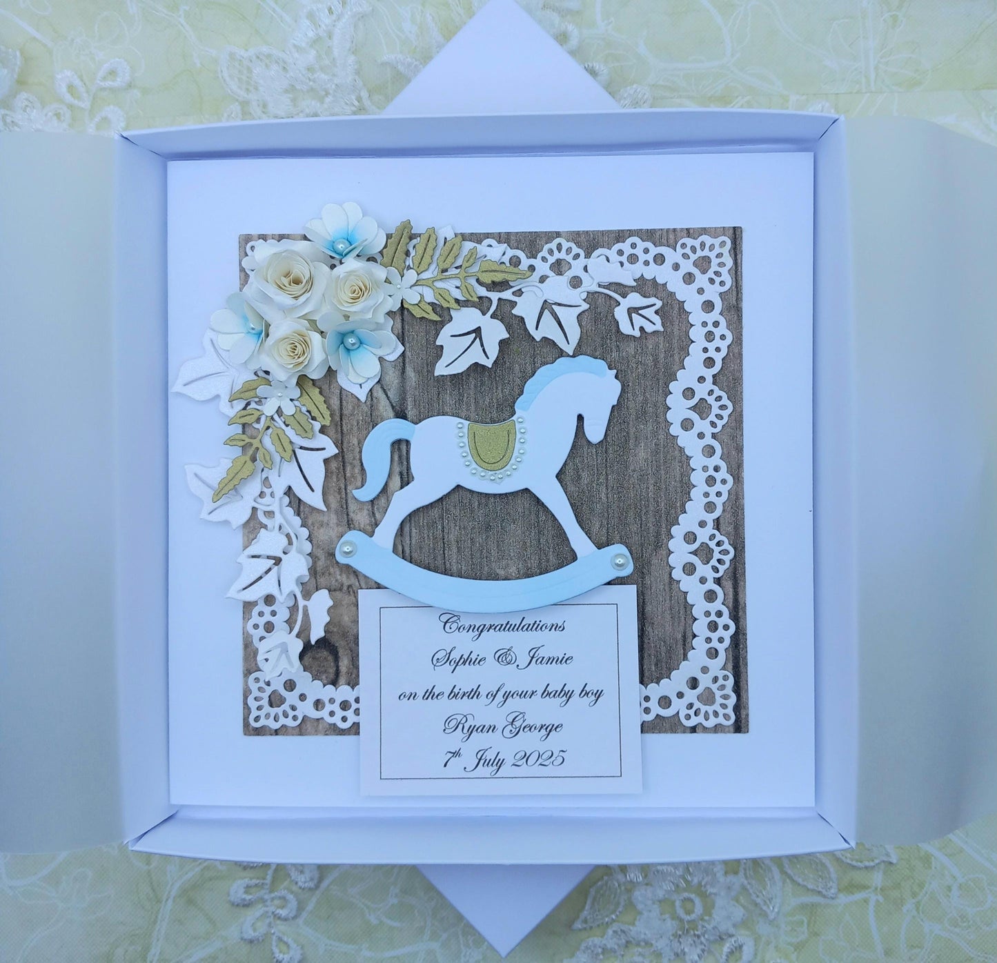 Unique, Handmade New / Birth of Baby Boy Card * 3D * Personalised * Boxed * Rustic Style * Luxury