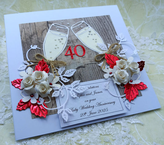 Unique, Handmade 40th  Ruby Wedding Anniversary Card * 3D * Boxed * Personalised *  Rustic Style * Luxury