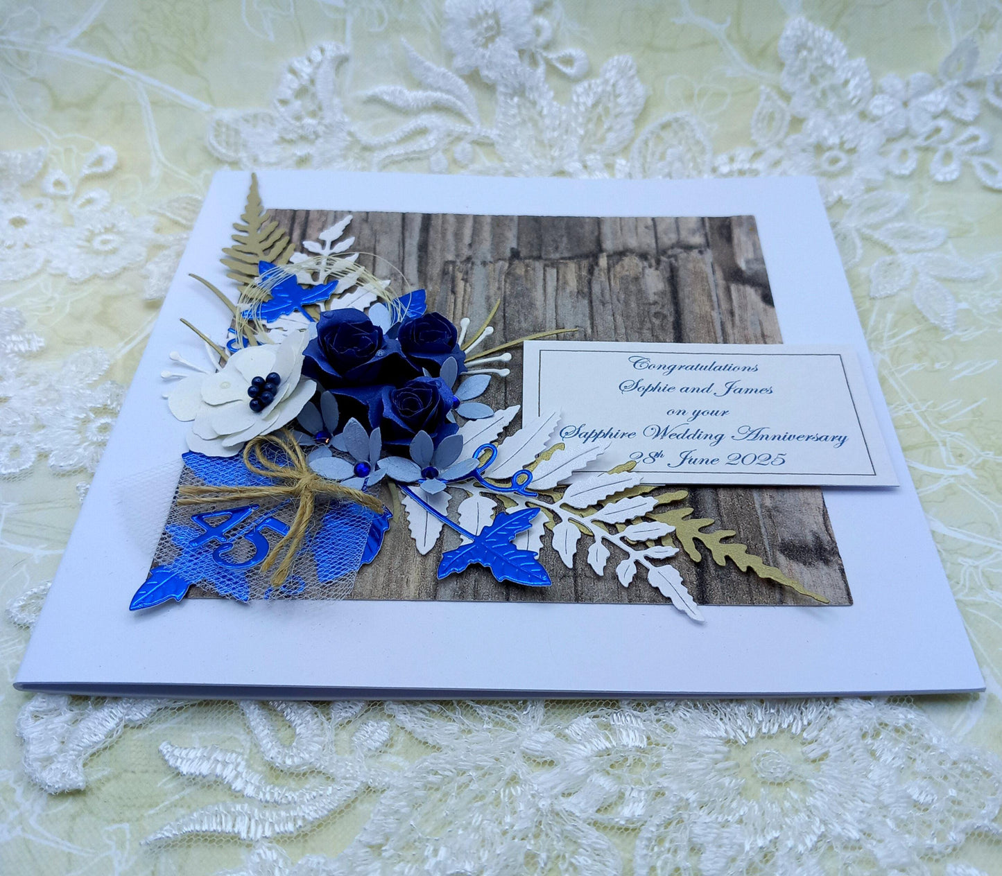 Unique, Handmade, 45th Sapphire Wedding Anniversary Card * 3D *  Boxed * Personalised * Rustic style * Luxury