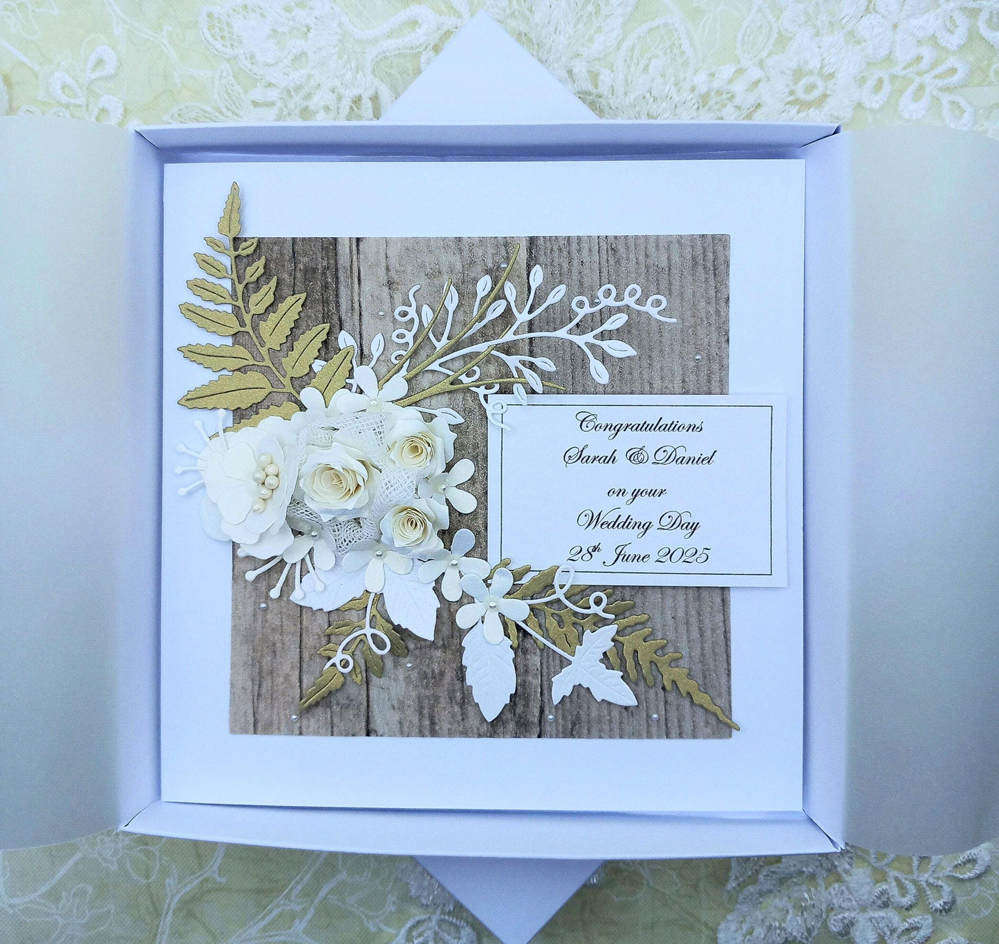 Unique, Handmade,  Wedding Day / Anniversary Card * 3D *  Personalised * Boxed * Rustic Style / Luxury