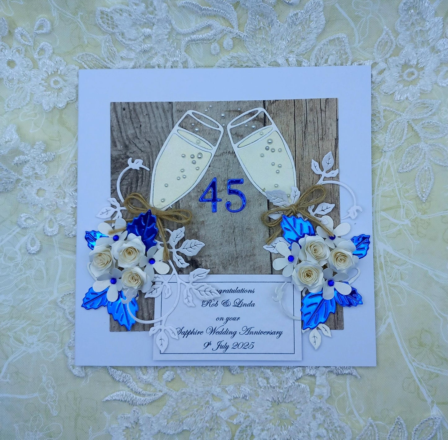 Unique, Handmade 45th  Sapphire Wedding Anniversary Card * 3D *  Boxed * Personalised * Rustic style * Luxury
