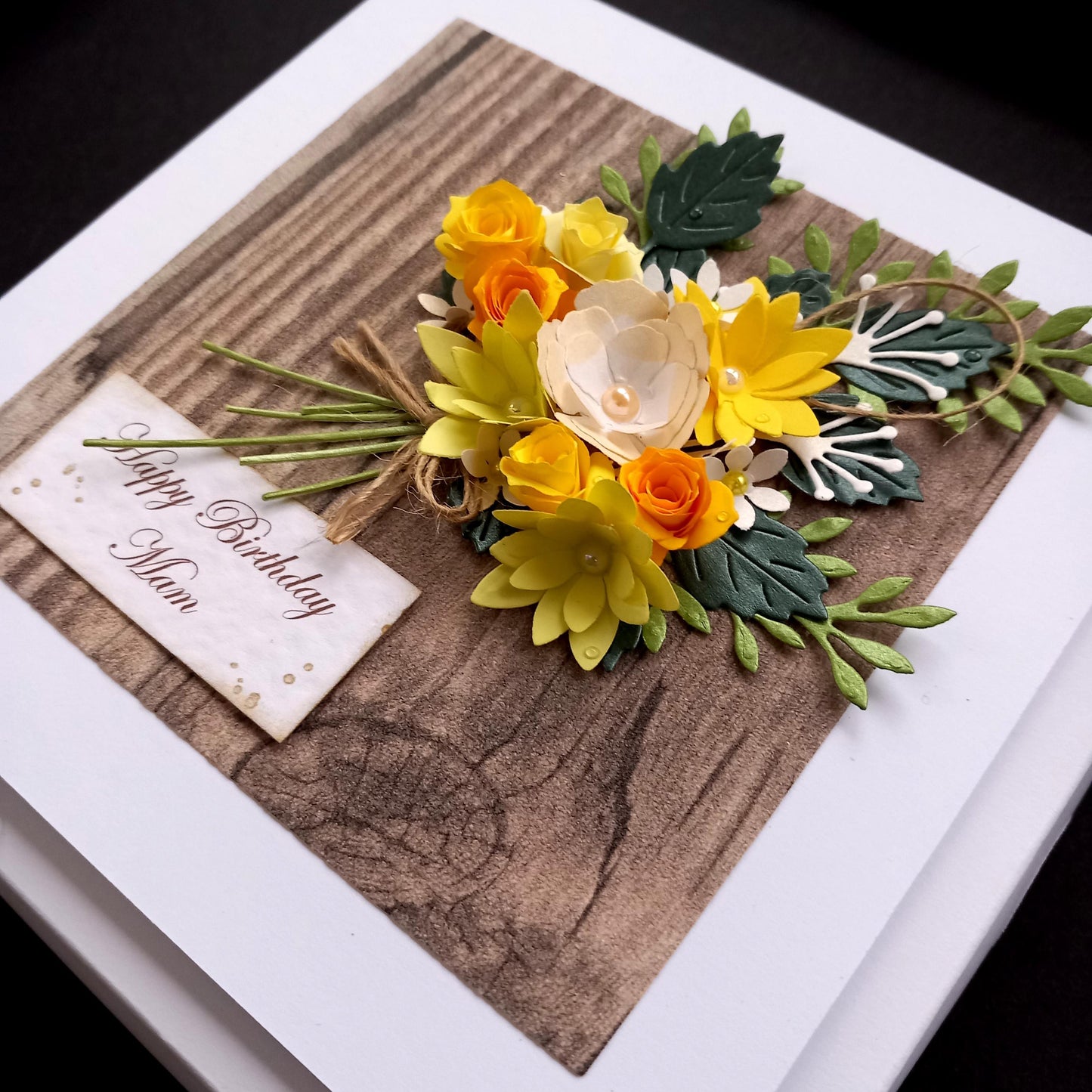 Handmade Luxury Birthday Card * Personalised * Boxed * 3D * Unique Rustic Style with Yellow Bouquet
