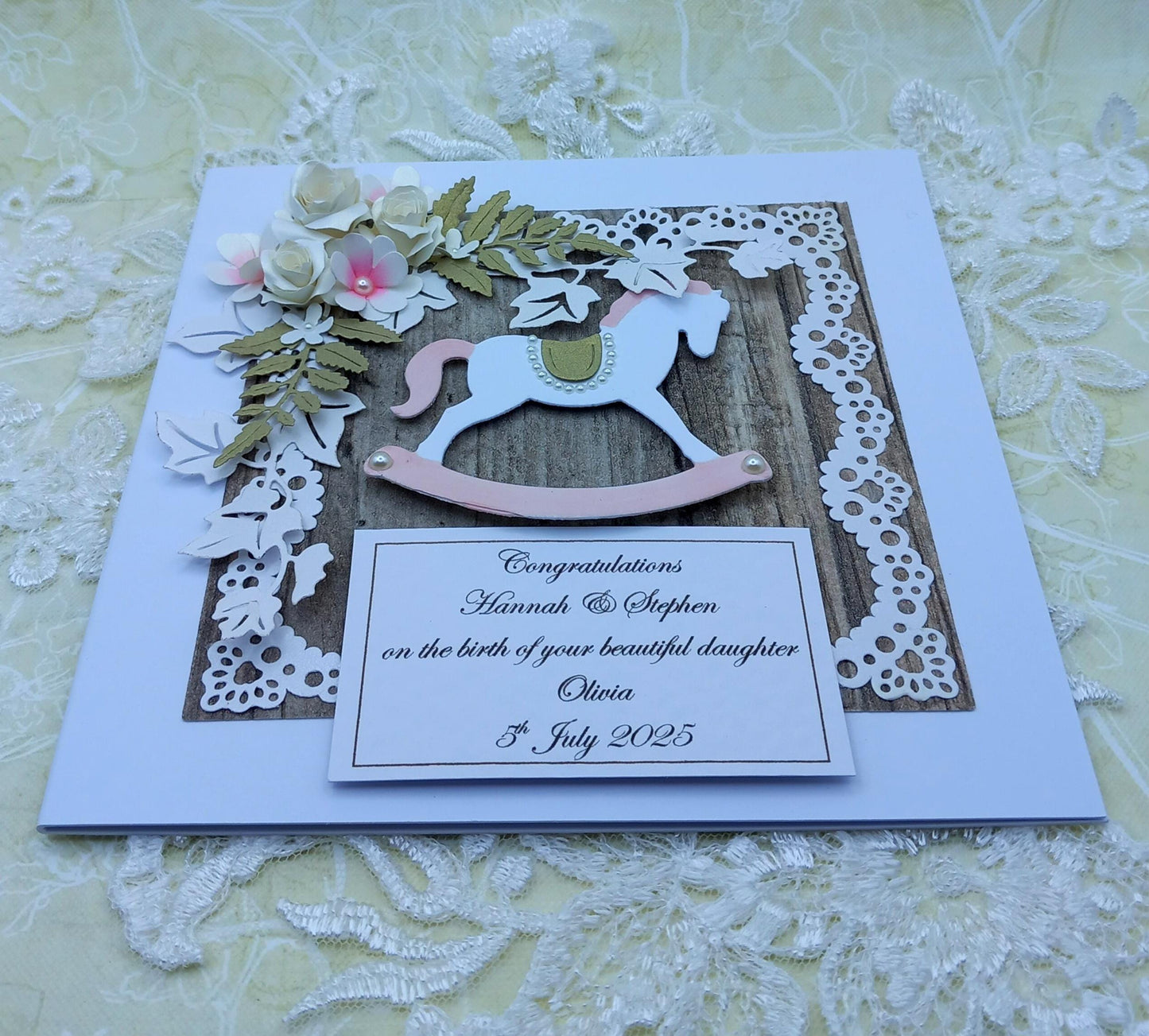Handmade New / Birth of Baby Girl Card * Rustic Style * 3D * Personalised * Boxed * Luxury