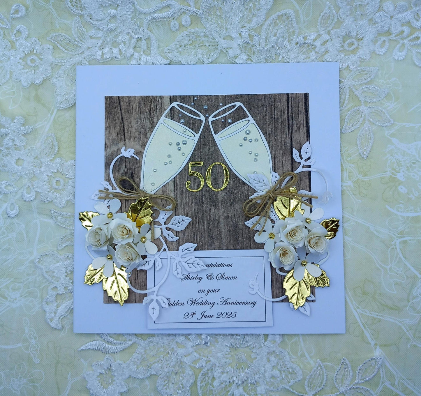 Unique, Handmade, Golden Wedding Anniversary Card * 50th * Personalised * 3D * Boxed * Rustic Style * Luxury