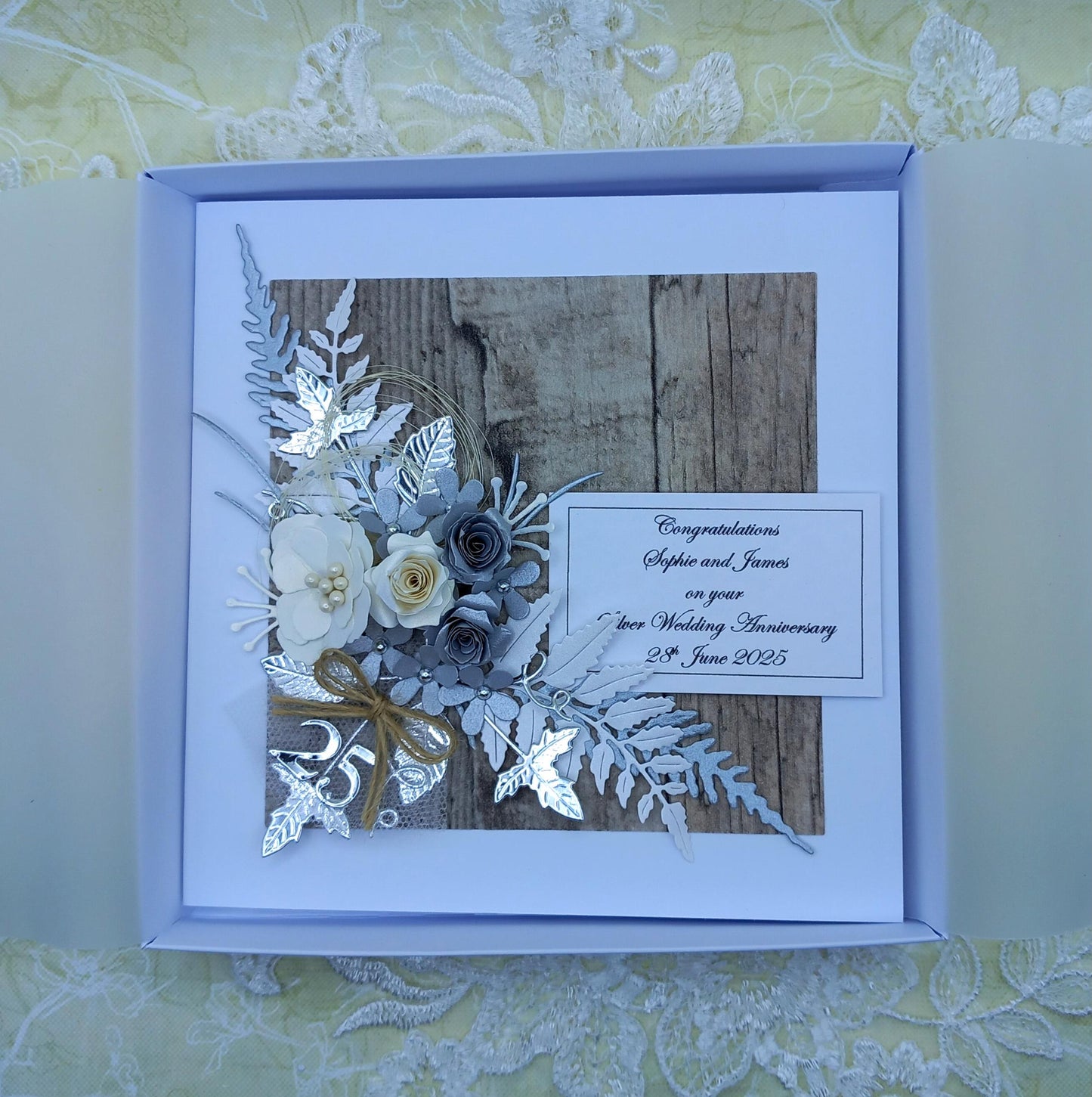 Unique, Handmade, 25th / Silver Wedding [ Anniversary Card * 3D * Personalised * Boxed * Rustic Style * Luxury