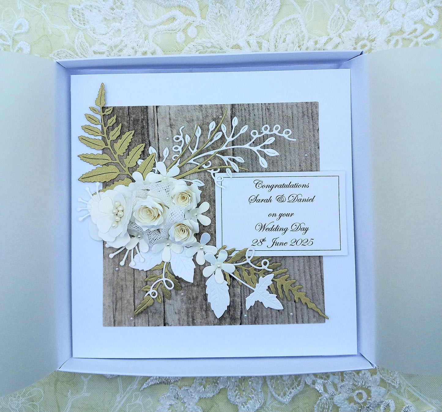 Unique, Handmade,  Wedding Day / Anniversary Card * 3D *  Personalised * Boxed * Rustic Style / Luxury