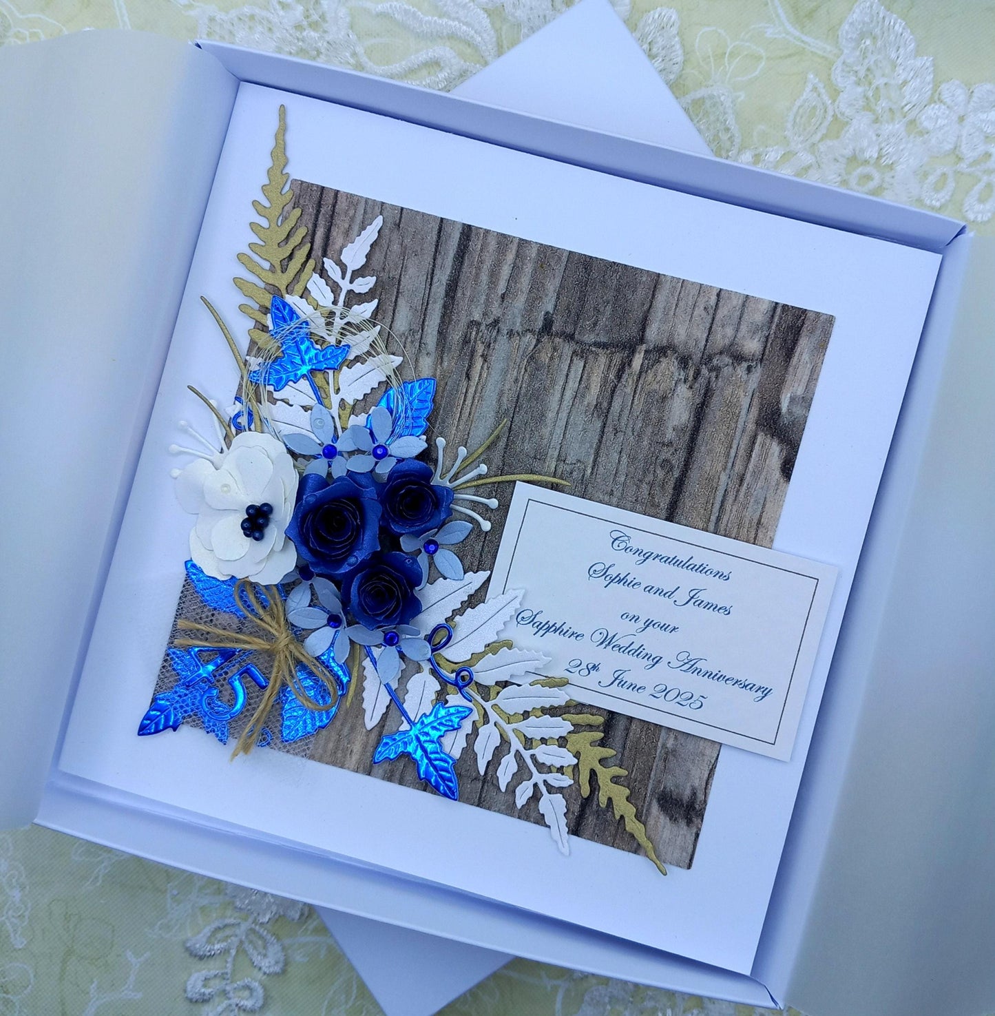 Unique, Handmade, 45th Sapphire Wedding Anniversary Card * 3D *  Boxed * Personalised * Rustic style * Luxury