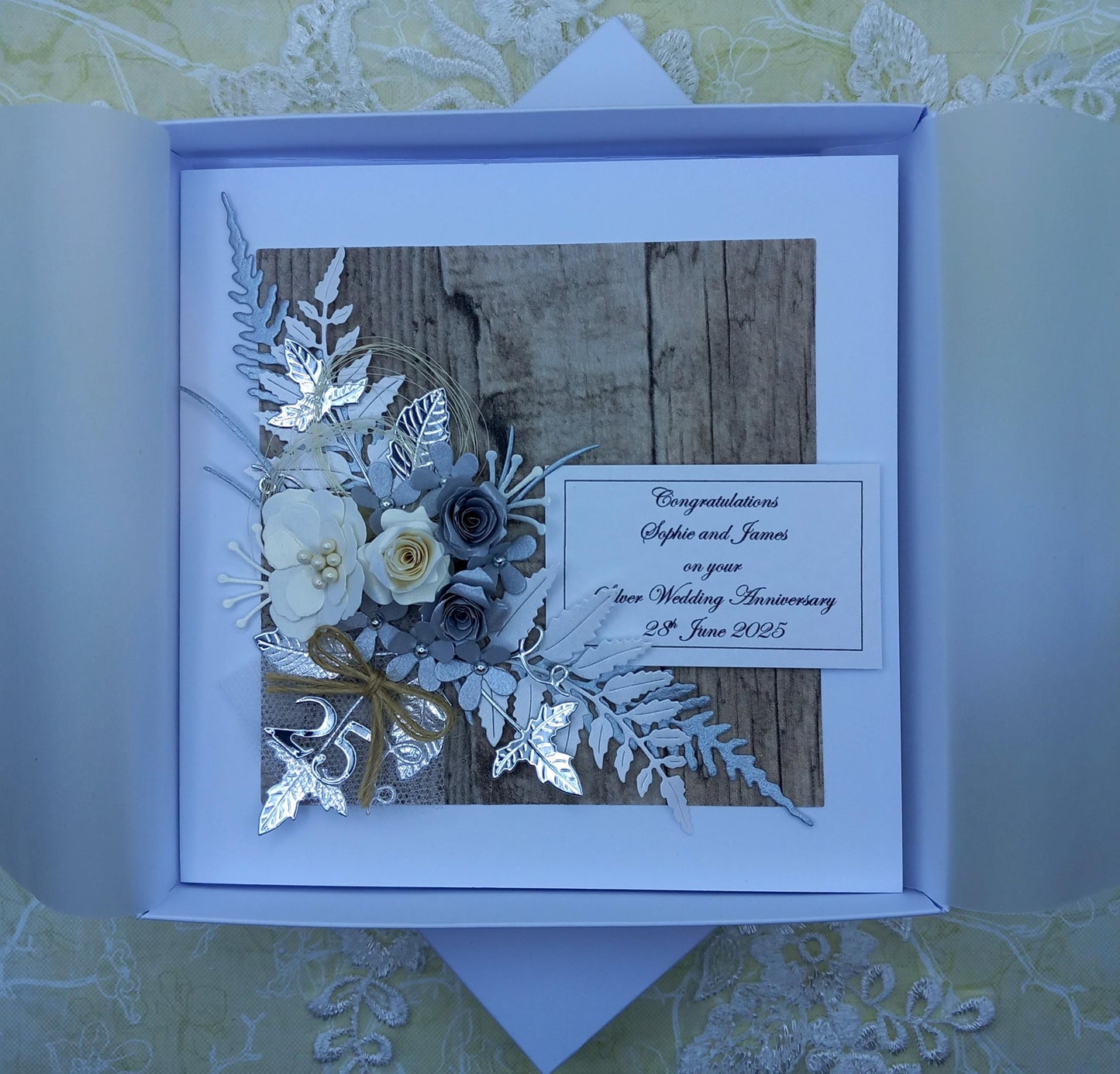 Unique, Handmade, 25th / Silver Wedding [ Anniversary Card * 3D * Personalised * Boxed * Rustic Style * Luxury