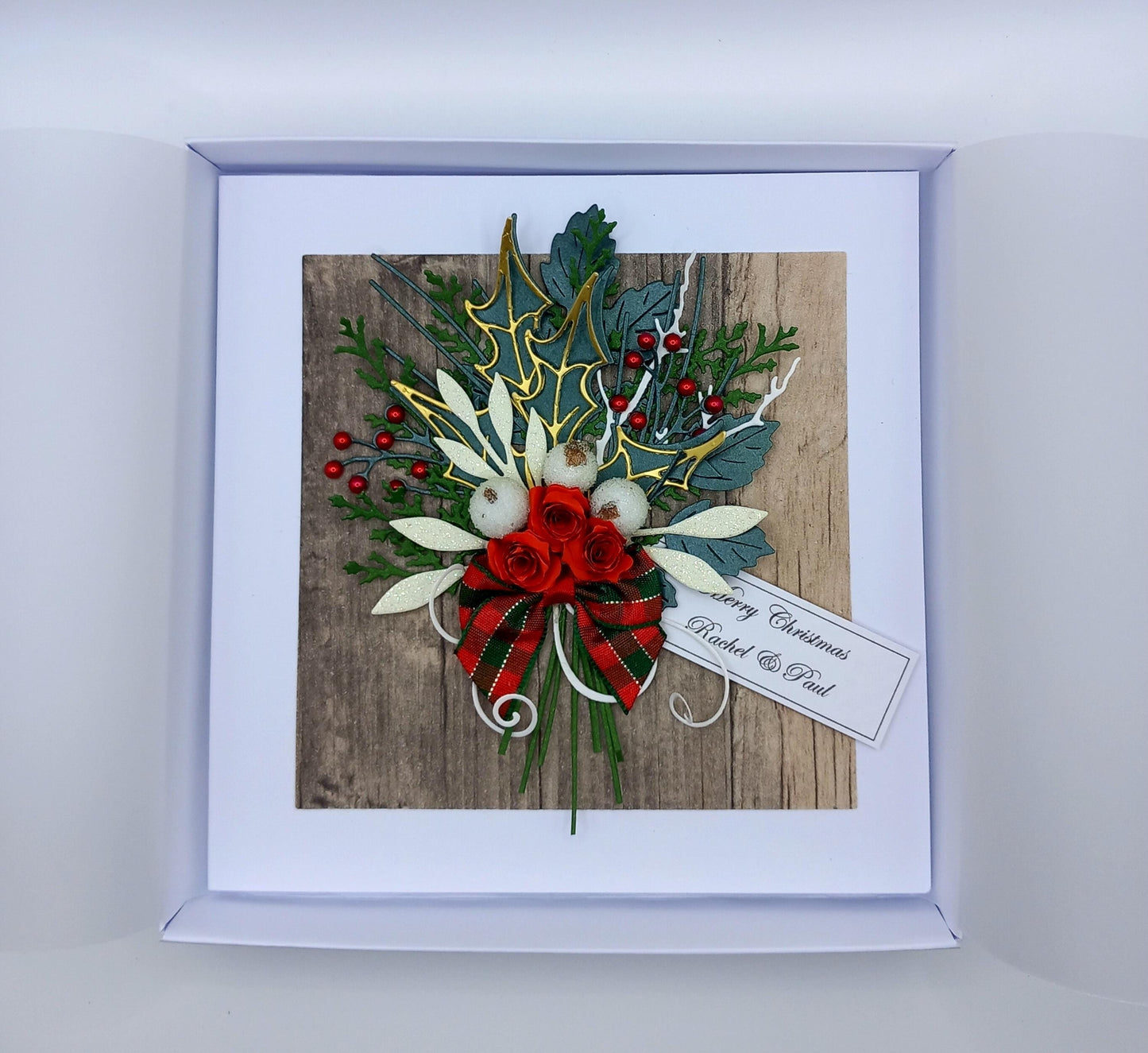 Handmade Luxury Christmas Card * Personalised * 3D * Boxed * Rustic Style * Christmas bouquet with tartan bow.