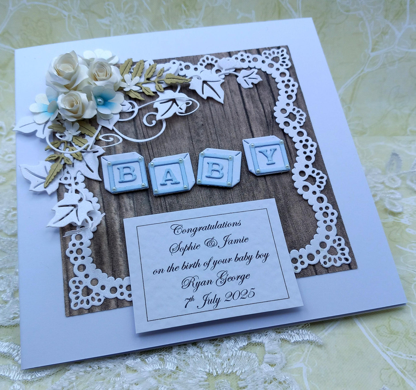 Unique, Handmade,  New / Birth of Baby Boy Card * 3D * Personalised * Boxed * Rustic Style * Luxury