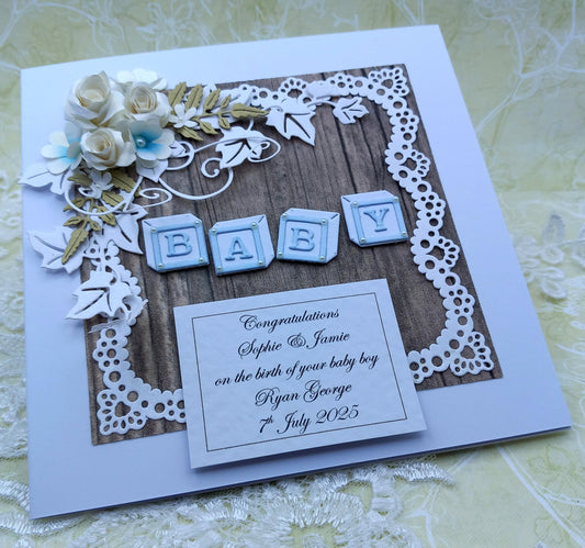 Unique, Handmade,  New / Birth of Baby Boy Card * 3D * Personalised * Boxed * Rustic Style * Luxury